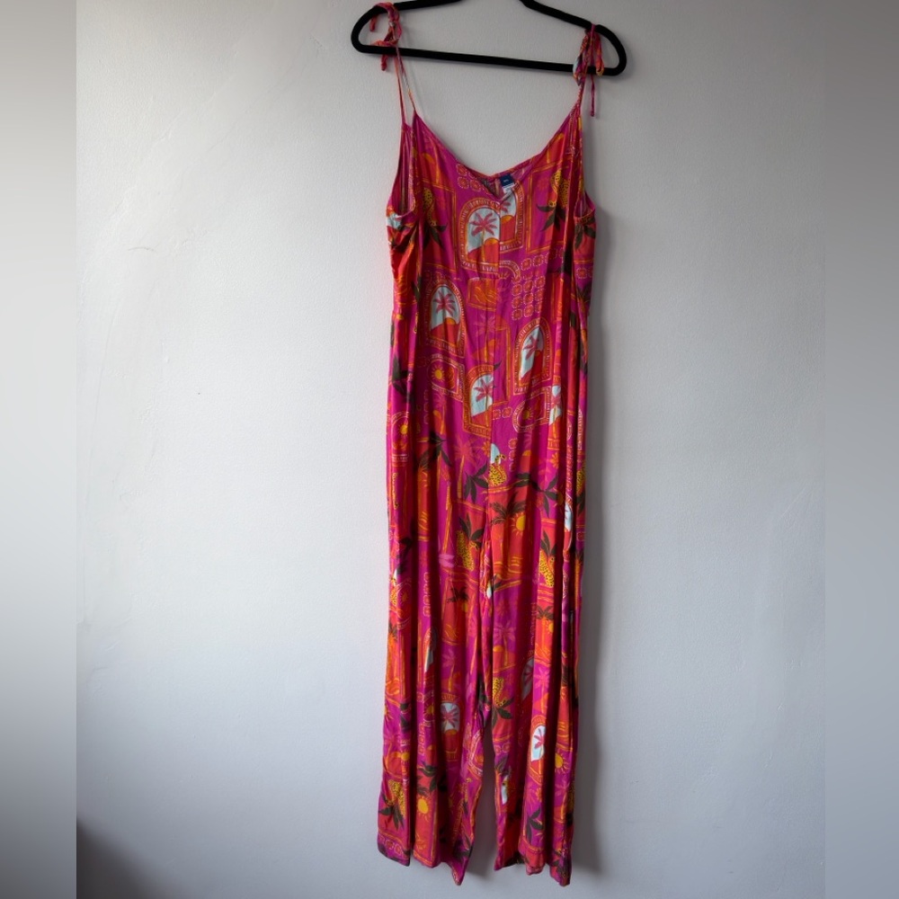 Old Navy Pink Tropical Cheetah Print Tie Shoulder Wide Leg Jumpsuit XXL